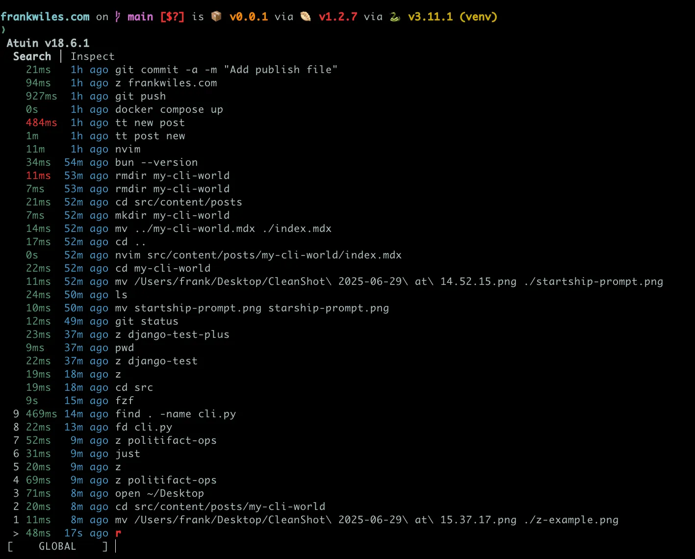Screenshot example of using Atuin shell history