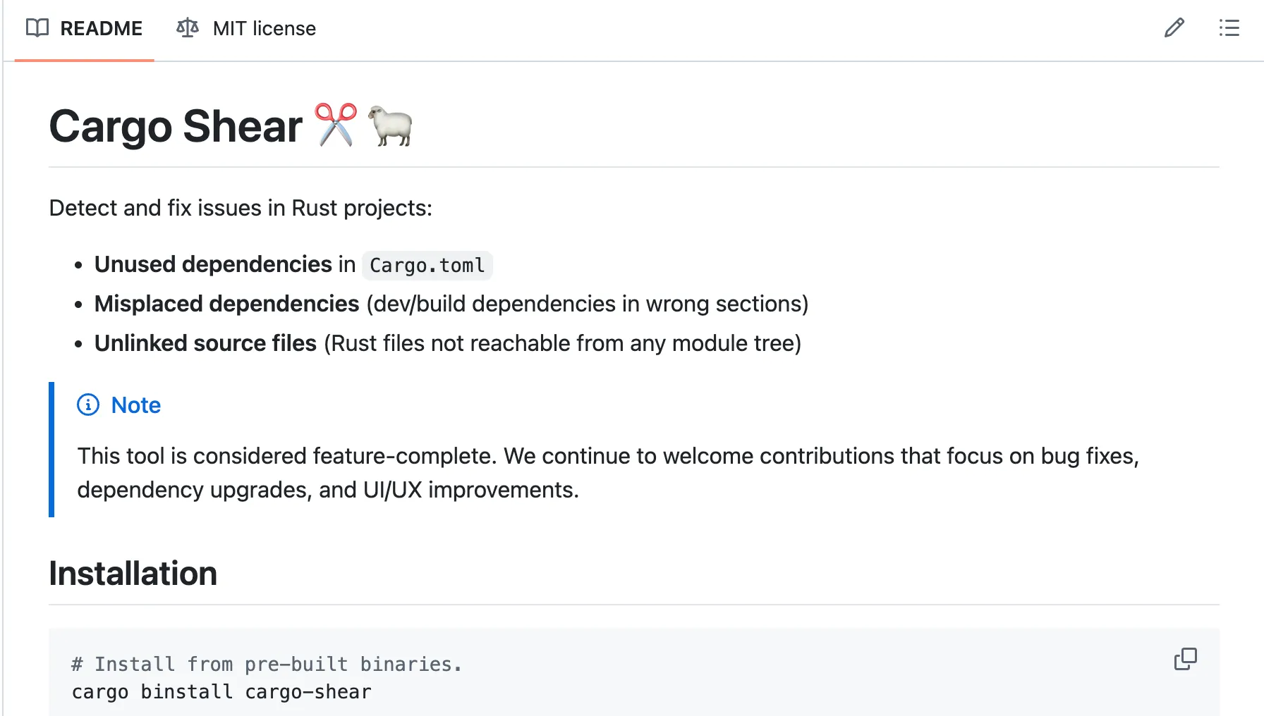 Screenshot of cargo shear README with blue 'note' alert