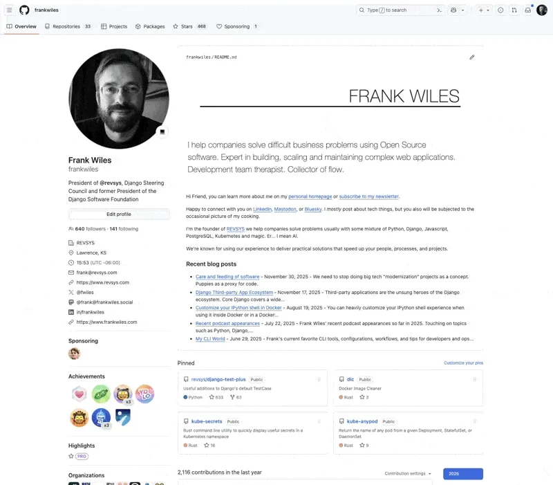 Animated 'Frank Wiles' text on his Github profile page