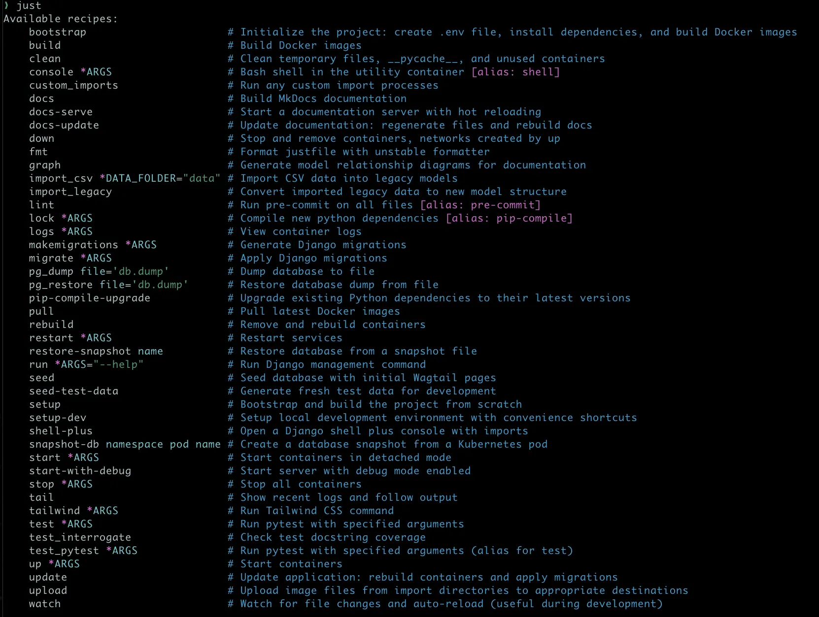 Image of zsh shell showing just help output for a larger project