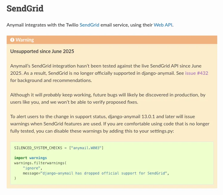 django-anymail documentation warning that SendGrid has been unsupported since June 2025