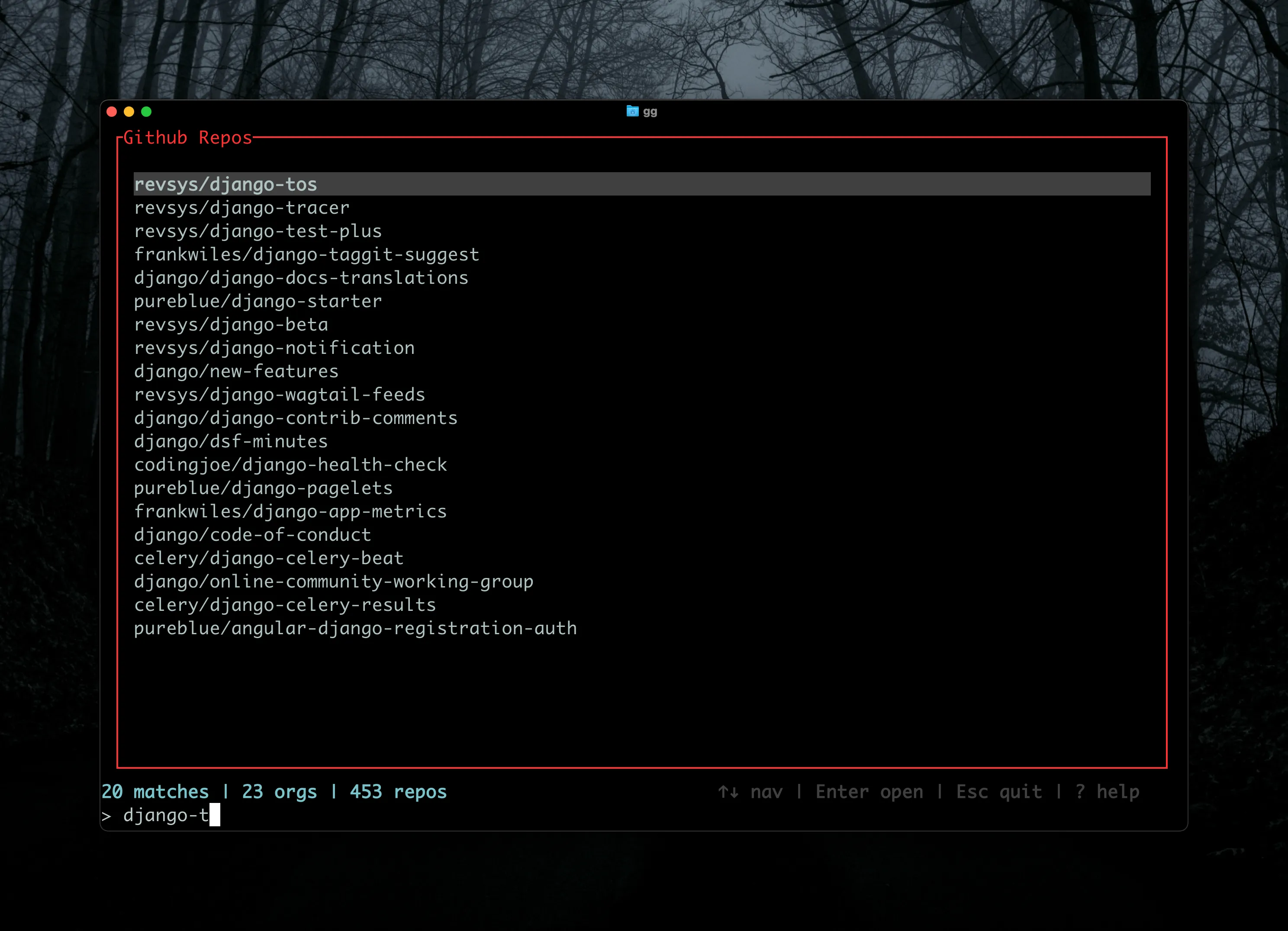 Image of gg's TUI screen showing a list of github repositories